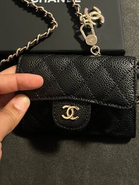 Black Quilted Caviar Mini Wallet on Chain with Gold